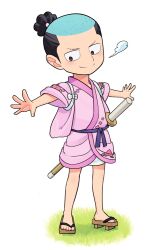 Rule 34 | 1boy, aged down, bare arms, bare legs, black eyes, black hair, child, closed mouth, commentary request, full body, grass, hasami (hasami25), high ponytail, japanese clothes, kimono, kouzuki momonosuke, legs apart, male focus, one piece, pink kimono, ponytail, sandals, simple background, smile, solo, standing, sword, v-shaped eyebrows, weapon, white background, wooden sword