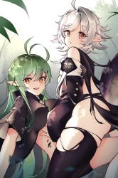 Rule 34 | 2girls, arknights, female focus, gavial (arknights), green hair, multiple girls, pointy ears, thighhighs, tomimi (arknights), torn clothes, white hair, yuri