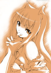 Rule 34 | 00s, :p, animal ears, holo, kazumiya akira, long hair, monochrome, open clothes, open shirt, shirt, solo, spice and wolf, tongue, tongue out, wolf ears