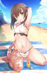 Rule 34 | 10s, 1girl, adapted costume, arm up, armpits, bare legs, barefoot, beach, bikini, blue sky, breasts, brown hair, cloud, cloudy sky, day, full body, gluteal fold, highres, horizon, kantai collection, konnyaku (kk-monmon), looking at viewer, lotion, navel, outdoors, ribbon trim, short hair, sitting, sky, small breasts, solo, sunscreen, swimsuit, taihou (kancolle), wariza, yellow eyes