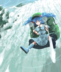 Rule 34 | 1girl, backpack, bag, blue eyes, blue footwear, blue hair, blue shirt, blue skirt, blue sky, blunt bangs, blush, boots, breasts, buttons, collar, collared shirt, commentary request, frilled collar, frilled shirt collar, frills, from below, full body, green bag, green hat, grin, hair bobbles, hair ornament, hands up, hat, headwear request, highres, holding, kawashiro nitori, key, looking away, medium hair, medium skirt, mountain of faith, naughty face, pocket, rubber boots, shaded face, shadow, shirt, short sleeves, skirt, skirt set, sky, small breasts, smile, solo, sound wave, speaker, spell card, spread legs, sunnysideup, teeth, touhou, tree, twintails, two side up, water, waterfall, wavy hair
