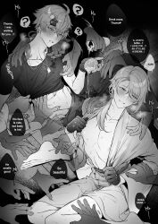 Rule 34 | 2boys, ?, absurdres, blush, breath, cup, disembodied hand, dog tags, english text, genshin impact, gloves, greyscale, hair between eyes, headband, highres, holding, holding cup, hwan (mob hwan), japanese clothes, kamisato ayato, kimono, long hair, male focus, mole, mole under mouth, monochrome, multiple boys, nipples, pouring, shirt, short sleeves, sitting, spoken question mark, sweat, thoma (genshin impact), toned, toned male, yaoi, yukata