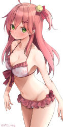 Rule 34 | 1girl, absurdres, ahoge, alternate costume, bare shoulders, bell, bikini, blush, breasts, cherry blossom print, cleavage, collarbone, floral print, green eyes, groin, hair bell, hair ornament, hairclip, highres, hololive, kawai ritsu (rits meg), long hair, navel, pink bikini, pink hair, sakura miko, sakura miko (hololive summer 2019), solo, swimsuit, twitter username, virtual youtuber, x hair ornament