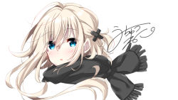 Rule 34 | 1girl, :o, ahoge, black scarf, blush, commentary request, fringe trim, hair between eyes, hair ornament, long hair, one side up, original, parted lips, portrait, scarf, signature, simple background, solo, tia-chan, uchuuneko, white background, x hair ornament
