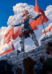 Rule 34 | 4boys, armor, blonde hair, blue sky, cloud, cloudy sky, european clothes, flag, gwent (game), highres, multiple boys, non-web source, pauldrons, raised fist, shoulder armor, sky, standing, stone wall, the witcher (series), vambraces, wall
