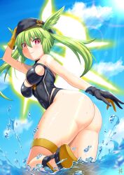 Rule 34 | 1girl, ass, bare shoulders, beret, black one-piece swimsuit, blue sky, blush, breasts, bright pupils, cleavage, cleavage cutout, clothing cutout, cloud, fate/grand order, fate (series), gloves, green hair, guriguri (arayotto4351), hat, head wings, highleg, highleg swimsuit, large breasts, long hair, looking at viewer, olrun (fate), one-piece swimsuit, red eyes, sandals, sideboob, sky, sleeveless, smile, solo, sunlight, swimsuit, thigh strap, thighs, twintails, valkyrie (fate), water, white pupils, wings