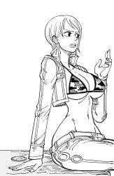 Rule 34 | 1girl, arm support, bb (baalbuddy), bikini, bikini top only, breasts, cleavage, curvy, denim, female focus, highres, jacket, jeans, large breasts, legs, midriff, monochrome, nami (one piece), navel, one piece, open clothes, open jacket, open mouth, pants, short hair, sitting, solo, stomach, swimsuit, thighs, underboob