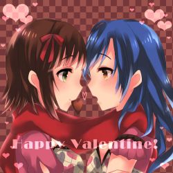 Rule 34 | 2girls, amami haruka, bad id, bad pixiv id, blue hair, blush, brown eyes, brown hair, chocolate, green eyes, heart, idolmaster, idolmaster (classic), kisaragi chihaya, long hair, looking at another, mouth hold, multiple girls, open mouth, scarf, shared clothes, shared scarf, tai zooo, taizou, valentine