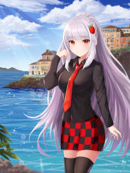 Rule 34 | 1girl, arm at side, black shirt, checkered clothes, checkered skirt, cloud, commission, day, dew (7302235), food-themed hair ornament, gradient hair, hair ornament, hand up, highres, house, light purple hair, long hair, long sleeves, multicolored hair, necktie, ocean, original, outdoors, red eyes, red necktie, red skirt, shirt, sidelocks, silver hair, skirt, smile, solo, sparkle, standing, strawberry hair ornament, thighhighs, very long hair