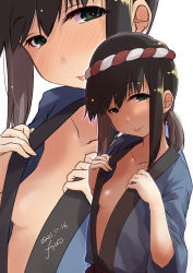 Rule 34 | 1girl, absurdres, artist name, black hair, breasts, commentary request, dated, fubuki (kancolle), fyuo, green eyes, happi, highres, japanese clothes, kantai collection, long hair, looking at viewer, low ponytail, no bra, one-hour drawing challenge, ponytail, short ponytail, sidelocks, simple background, small breasts, solo, tongue, tongue out, upper body, white background, zoom layer