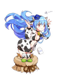 Rule 34 | 1girl, absurdres, animal ears, animal print, bell, black bra, blue hair, bra, breasts, chinese text, cleavage, collar, cow ears, cow print, cowbell, hands up, highres, jacket, kneeling, long hair, looking at viewer, navel, neck bell, open clothes, open jacket, quincy (warship girls r), red eyes, smile, underwear, warship girls r, wavy hair, zhenming
