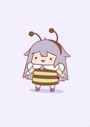 Rule 34 | 1girl, :d, absurdres, bee costume, bee hair ornament, bee wings, chest jewel, chibi, commentary, english commentary, full body, grey hair, highres, hololive, hololive english, koseki bijou, long hair, open mouth, phdpigeon, pun, simple background, smile, solid circle eyes, solo, standing, virtual youtuber, wings