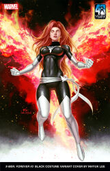 Rule 34 | 1girl, alternate color, black bodysuit, bodysuit, boots, breasts, clenched hands, elbow gloves, english text, fire, gloves, glowing, glowing eyes, highres, in-hyuk lee, jean grey, large breasts, logo, long hair, marvel, phoenix (x-men), red hair, sash, solo, thigh boots, waist sash, white footwear, white gloves, white sash, x-men, yellow eyes