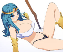 Rule 34 | 1girl, aqua hair, bandeau, black panties, blue eyes, boots, breasts, chunsoft, chyko7080, circlet, cleavage, covered erect nipples, dragon quest, dragon quest iii, enix, g-string, gradient background, huge breasts, legs, long hair, panties, sage (dq3), solo, staff, thighs, thong, underwear