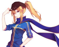 Rule 34 | 1girl, artoria pendragon (all), artoria pendragon (fate), baseball cap, blonde hair, blue eyes, blue scarf, fate/grand order, fate (series), hair between eyes, hand in pocket, hand on headwear, hat, jacket, mysterious heroine x (fate), parted lips, ponytail, rojiura satsuki : chapter heroine sanctuary, saber (fate), scarf, shigure s, sidelocks, simple background, solo, track jacket, weapon, white background