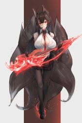 Rule 34 | 1girl, absurdres, akagi (azur lane), akagi (muse) (azur lane), animal ear fluff, animal ears, azur lane, bare shoulders, between breasts, black footwear, black gloves, black jacket, blood, blood from mouth, blush, breasts, brown hair, character name, cleavage, detached sleeves, fox ears, fox tail, full body, gloves, hand up, headset, highres, holding, holding instrument, instrument, jacket, large breasts, large tail, loafers, long hair, looking at viewer, necktie, off shoulder, pantyhose, red eyes, shaded face, shirt, shoes, skirt, smile, solo, tail, white shirt, wing collar, yusha m