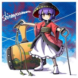 Rule 34 | 1girl, black hat, blue background, bowl, bowl hat, bright pupils, character name, closed mouth, commentary, full body, hat, highres, hurin raika, japanese clothes, kimono, looking at viewer, miracle mallet, needle, purple hair, red kimono, sash, short hair, skirt, socks, solo, standing, sukuna shinmyoumaru, touhou, v-shaped eyebrows, white pupils, white skirt, white socks, wide sleeves