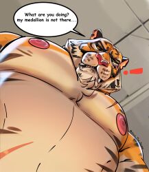 Rule 34 | !, 1boy, absurdres, animal ears, bara, belly, english text, foreshortening, fortnite, furry, furry male, highres, large pectorals, looking at viewer, looking down, male focus, mature male, meme, muscular, muscular male, nipples, nude, orange fur, oscar (fortnite), pectoral focus, pectorals, photo-referenced, saisio, short hair, solo, speech bubble, thick eyebrows, tiger boy, tiger ears, upper body, yur oc like this (meme)