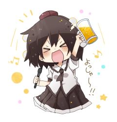 Rule 34 | &gt; &lt;, 1girl, :d, alcohol, beamed eighth notes, beer, beer mug, black hair, black neckwear, black skirt, blush, brown hat, closed eyes, collared shirt, commentary request, cup, eighth note, facing viewer, hat, highres, holding, holding cup, holding microphone, microphone, mini hat, mug, musical note, open mouth, pleated skirt, shameimaru aya, shirt, short sleeves, skirt, smile, solo, star (symbol), tokin hat, totoharu (kujirai minato), touhou, translation request, v-shaped eyebrows, white background, white shirt, xd