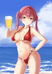 Rule 34 | 1girl, alcohol, beach, beer, beer mug, bikini, blue sky, blush, breasts, closed mouth, cloud, cloudy sky, collarbone, cowboy shot, cup, hair tie, hand on own hip, heterochromia, highres, holding, holding cup, hololive, houshou marine, houshou marine (summer), iva23 iva23, large breasts, lips, long hair, mug, navel, ocean, red eyes, red hair, sand, skindentation, sky, smile, solo, strap gap, swimsuit, twintails, virtual youtuber, water, wet, yellow eyes