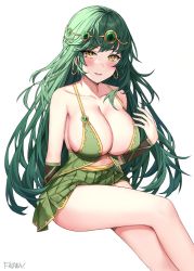 Rule 34 | 1girl, :d, blush, breasts, cleavage, collarbone, commentary request, crossed legs, earrings, frown (wonderland85711), gem, green hair, green skirt, hair ornament, hand up, hoop earrings, irena (maplestory), jewelry, large breasts, long hair, looking at viewer, maplestory, miniskirt, open mouth, pleated skirt, simple background, sitting, skirt, smile, solo, very long hair, white background, yellow eyes