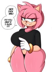 Rule 34 | 1girl, absurdres, amy rose, bracelet, breasts, collarbone, colored skin, cowboy shot, curvy, english text, eyelashes, female focus, furry, furry female, gloves, green eyes, grin, half-closed eyes, highres, jewelry, large breasts, looking at viewer, naughty face, pink hair, pink skin, pointing, saltyxodium, shiny skin, short hair, smile, solo, sonic (series), speech bubble, standing, thick thighs, thighs, white background, white gloves, wide hips
