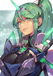Rule 34 | 1girl, armor, bodysuit, breasts, chest jewel, cleavage, earrings, green eyes, hair between eyes, hungry clicker, jewelry, large breasts, long hair, looking at viewer, parted lips, pneuma (xenoblade), ponytail, solo, swept bangs, tiara, very long hair, xenoblade chronicles (series), xenoblade chronicles 2