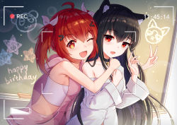 Rule 34 | 2girls, :d, ;d, absurdres, ahoge, animal ear fluff, animal ears, bare shoulders, black choker, black hair, blush, breasts, camera, cat ears, cat girl, chiya 1589505970, choker, copyright request, fang, hair between eyes, hair ornament, hairclip, hands up, happy birthday, highres, long hair, long sleeves, looking at viewer, multiple girls, off shoulder, one eye closed, open mouth, recording, red eyes, red hair, small breasts, smile, star-shaped pupils, star (symbol), symbol-shaped pupils, twintails, v, very long hair, vivian (mvv), wide sleeves, xingye (xing)