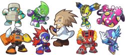Rule 34 | 6+boys, ;), acid man, android, arm cannon, blast man, block man, blue eyes, bounce man, brown hair, capcom, chibi, crossed arms, dr. wily (mega man), fire, fuse man, helmet, impact man, kin niku, lab coat, male focus, mega man: powered up, mega man (classic), mega man (series), mega man 11, multiple boys, official style, one eye closed, orange eyes, outstretched arm, parody, pointing, pointing at self, purple eyes, red eyes, robot, sideburns, simple background, smile, style parody, torch man, tundra man, weapon, white background, aged down