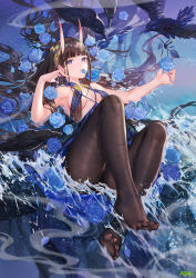 Rule 34 | 1girl, animal, arm up, armpits, ass, atdan, azur lane, bare shoulders, bird, black hair, blue dress, blue flower, breasts, brown pantyhose, crow, dress, feet, fine fabric emphasis, flower, hair ornament, halter dress, halterneck, highres, horns, knees up, long hair, looking at viewer, medium breasts, mouth hold, no bra, no shoes, noshiro (azur lane), noshiro (xanadu&#039;s eventide) (azur lane), oni horns, outstretched arm, pantyhose, petals, purple eyes, rose, sitting, sleeveless, sleeveless dress, solo, thighband pantyhose, thighs, toes, very long hair, water