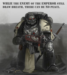 Rule 34 | 1boy, adeptus astartes, armor, black templars, bolter, chain, chain necklace, chinese commentary, commentary request, cross, english text, facing ahead, full armor, gun, highres, holding, holding gun, holding weapon, iron cross, jewelry, magazine (object), magazine (weapon), male focus, necklace, nn128841, on ground, on one knee, pauldrons, power armor, purity seal, red eyes, rifle, roman numeral, science fiction, shell casing, shoulder armor, solo, stencil lettering, sword, warhammer 40k, weapon