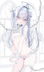 Rule 34 | 1girl, absurdres, ahoge, angel wings, bandaged arm, bandages, bandaid on thigh, belt collar, blue collar, chain, collar, cowboy shot, feathered wings, gauze on leg, grey eyes, grey hair, grey thighhighs, hair between eyes, hair intakes, halo, heart, heart ahoge, highres, long hair, looking at viewer, moemoepiano, open mouth, original, revealing clothes, single thighhigh, solo, standing, thighhighs, twintails, very long hair, white wings, wings