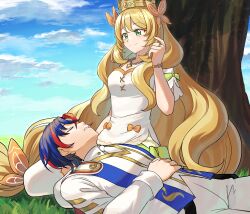 Rule 34 | 1boy, 1girl, absurdres, against tree, alear (fire emblem), alear (male) (fire emblem), betabetamaru, blonde hair, blue hair, bow, celine (fire emblem), crown, fire emblem, fire emblem engage, green eyes, hair bow, highres, jewelry, lap pillow, long hair, multicolored hair, necklace, nintendo, pearl necklace, red hair, ring, signature, sleeping, smile, thighhighs, tree, two-tone hair, very long hair