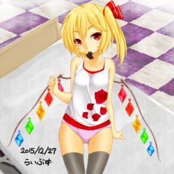 Rule 34 | 1girl, 2015, black thighhighs, blonde hair, camisole, condom, condom in mouth, crystal, dated, flandre scarlet, hair ribbon, layered clothes, libus, looking at viewer, mouth hold, no pants, panties, polka dot, polka dot panties, purple panties, red eyes, ribbon, short hair, side ponytail, solo, standing, thighhighs, touhou, underwear, wings