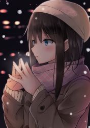 Rule 34 | 1girl, bad id, bad pixiv id, beanie, blue eyes, blush, brown coat, brown hair, brown hat, coat, commentary request, fingernails, from side, hair between eyes, hat, highres, long sleeves, looking away, original, parted lips, pink scarf, scarf, snowing, solo, steepled fingers, yuzuzukushi