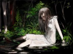 Rule 34 | 1girl, arm support, bad id, bad pixiv id, bags under eyes, black hair, dress, long hair, looking up, pale skin, solo, tomatika, water, wet, yellow eyes
