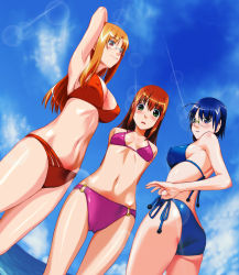 3girls bikini blue_hair blush brown_hair glasses green_eyes looking_back orange_hair original side-tie_bikini_bottom swimsuit yuuki1103 ass highres multiple_girls