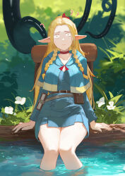 Rule 34 | 1girl, ?, ??, absurdres, belt, blonde hair, blue capelet, blue dress, book, braid, brown belt, capelet, choker, constricted pupils, day, dress, dungeon meshi, elf, flower, highres, log, long hair, marcille donato, multiple braids, outdoors, pointy ears, red choker, serelith, soaking feet, solo, sweatdrop, water