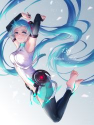 Rule 34 | 1girl, absurdres, armpits, arms up, bare shoulders, barefoot, black thighhighs, blue eyes, blue hair, blush, breasts, bridal gauntlets, center opening, character name, commentary request, dated, full body, glowing, gradient background, grey background, happy birthday, hatsune miku, hatsune miku (append), highres, kurono hyouka, long hair, looking at viewer, medium breasts, necktie, neon trim, parted lips, see-through, smile, solo, thighhighs, twintails, very long hair, vocaloid, vocaloid append, white necktie