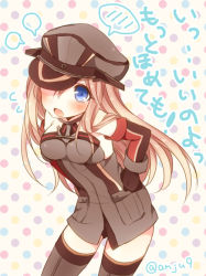 Rule 34 | 10s, 1girl, anju (meipurusanchi), bent over, bismarck (kancolle), blue eyes, brown hair, hands on own hips, hat, kantai collection, long hair, looking at viewer, peaked cap, solo, translation request