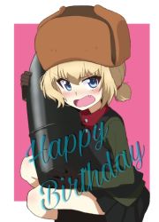 Rule 34 | 1girl, alternate hairstyle, black footwear, black gloves, black skirt, black vest, blonde hair, blue eyes, blush, boots, border, brown hat, commentary, cosplay, cursive, english text, fang, frown, fur hat, girls und panzer, gloves, green jacket, hair tie, happy birthday, hat, highres, holding, jacket, katyusha (girls und panzer), kayabakoro, long sleeves, looking at viewer, low twintails, military, military uniform, miniskirt, nina (girls und panzer), nina (girls und panzer) (cosplay), open mouth, outside border, pink background, pleated skirt, pravda military uniform, red shirt, shirt, short hair, short twintails, simple background, skirt, solo, squatting, tank shell, turtleneck, twintails, uniform, ushanka, vest, white border