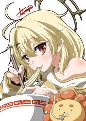 Rule 34 | 1girl, :t, alternate costume, antenna hair, blonde hair, blush, chopsticks, commentary request, eating, food, hair intakes, halo, highres, hinata mashu, holding, holding chopsticks, lion, looking at viewer, nanashi inc., noodles, off shoulder, open mouth, orange eyes, ramen, shirt, short hair, signature, simple background, single bare shoulder, solo, striped clothes, striped shirt, tatamiya, upper body, virtual youtuber, white background, white shirt, yellow shirt