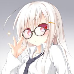 Rule 34 | 1girl, blush, glasses, gradient background, hair ornament, hairclip, lethe-shion, looking at viewer, necktie, original, red eyes, shirt, solo, upper body, white hair, white shirt