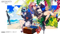 Rule 34 | 2girls, animal ears, arknights, artist request, bare legs, bare shoulders, baseball cap, beach, bikini, black bikini, black choker, black jacket, blue nails, breasts, bright pupils, ch&#039;en (arknights), ch&#039;en the holungday (arknights), choker, closed mouth, company name, copyright name, day, dragon girl, dragon horns, dragon tail, eyebrows hidden by hair, eyewear on head, flower, full body, green-tinted eyewear, hammock, hand on headwear, hat, hibiscus, highres, horns, horns through headwear, hot, jacket, lin (arknights), long sleeves, looking at viewer, looking back, looking up, mismatched bikini, mouse ears, mouse girl, mouse tail, multiple girls, nail polish, navel, ocean, official alternate costume, official art, outdoors, palm tree, pink hair, planted, purple eyes, purple footwear, red eyes, red flower, sandals, see-through, sitting, small breasts, stomach, strap lift, suitcase, sunglasses, sweat, swimsuit, tail, thigh strap, tinted eyewear, toenail polish, toenails, tree, underboob, v-shaped eyebrows, water, water gun, white bikini, white headwear, you (nanban319)