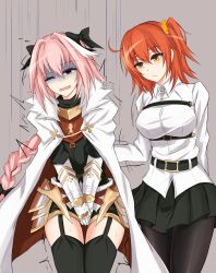 Rule 34 | 1boy, 1girl, armor, artist request, astolfo (fate), ball busting, bdsm, belt, blush, bow, braid, breasts, cbt, covering privates, covering crotch, dress, fang, fate/apocrypha, fate/grand order, fate (series), femdom, fujimaru ritsuka (female), garter straps, gauntlets, hair ornament, hair scrunchie, large breasts, long hair, multicolored hair, one eye closed, open mouth, orange hair, pain, pantyhose, pink hair, purple eyes, scrunchie, short dress, short hair, side ponytail, single braid, tears, thighhighs, trap, turn pale, two-tone hair, very long hair, watarase piro, white hair, wince