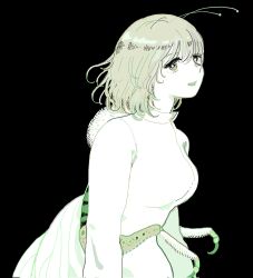 Rule 34 | 1girl, antennae, arthropod girl, arthropod limbs, black background, bright pupils, dhuwjdjfo, dungeon meshi, green eyes, hashtag-only commentary, highres, insect wings, long sleeves, looking at viewer, monster girl, open mouth, short hair, simple background, upper body, white pupils, wings