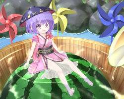 Rule 34 | 1girl, :d, barefoot, blush, bowl, bowl hat, bucket, feet, food, fruit, gplnbeat, hat, highres, in bucket, in container, japanese clothes, kimono, legs, mini person, minigirl, obi, open mouth, partially submerged, pinwheel, purple eyes, purple hair, sash, see-through, short hair, sitting, sleeves rolled up, smile, solo, sukuna shinmyoumaru, toes, touhou, watermelon