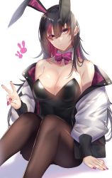 Rule 34 | 1girl, animal ears, ass, bare shoulders, black hair, black pantyhose, bow, bowtie, breasts, cleavage, commentary request, detached collar, ear piercing, earrings, fake animal ears, highres, jacket, jewelry, leotard, long hair, looking at viewer, mole, mole under eye, multicolored hair, nail polish, off shoulder, onineko-chan, original, pantyhose, piercing, playboy bunny, purple eyes, purple hair, purple nails, rabbit ears, sitting, solo, two-tone hair, v