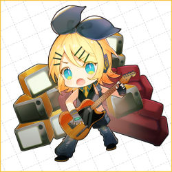 Rule 34 | 1girl, :o, aqua eyes, bare shoulders, black bow, black gloves, black legwear, black shorts, black star (module), blonde hair, bow, chibi, commentary, couch, crop top, electric guitar, full body, gloves, grey shirt, grid background, guitar, hair bow, hair ornament, hairclip, headphones, holding, holding instrument, instrument, kagamine rin, kodoku no hate (vocaloid), leg warmers, looking at viewer, music, necktie, open mouth, playing instrument, project diva (series), shirt, short hair, shorts, sleeveless, sleeveless shirt, solo, soriku, swept bangs, television, v-shaped eyebrows, vocaloid, white background, yellow necktie