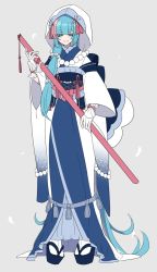 Rule 34 | absurdly long hair, androgynous, bad id, bad pixiv id, blue eyes, blue hair, blue kimono, creatures (company), game freak, gen 7 pokemon, gender request, gloves, grey background, holding, holding sword, holding weapon, hood, japanese clothes, jewelry, kimono, long hair, multicolored hair, necklace, nintendo, obi, pearl necklace, personification, pink hair, pokemon, primarina, sandals, sash, sheath, sheathed, shikkoku neko, side ponytail, simple background, socks, solo, sword, two-tone hair, very long hair, weapon, white gloves, white socks, wide sleeves